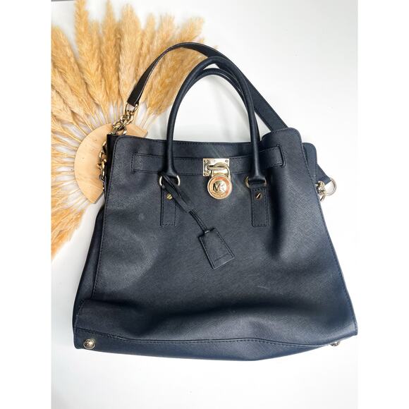 Michael Kors Hamilton Black Leather Satchel Shoulder Bag Tote Bag Gold Chain - Picture 1 of 13